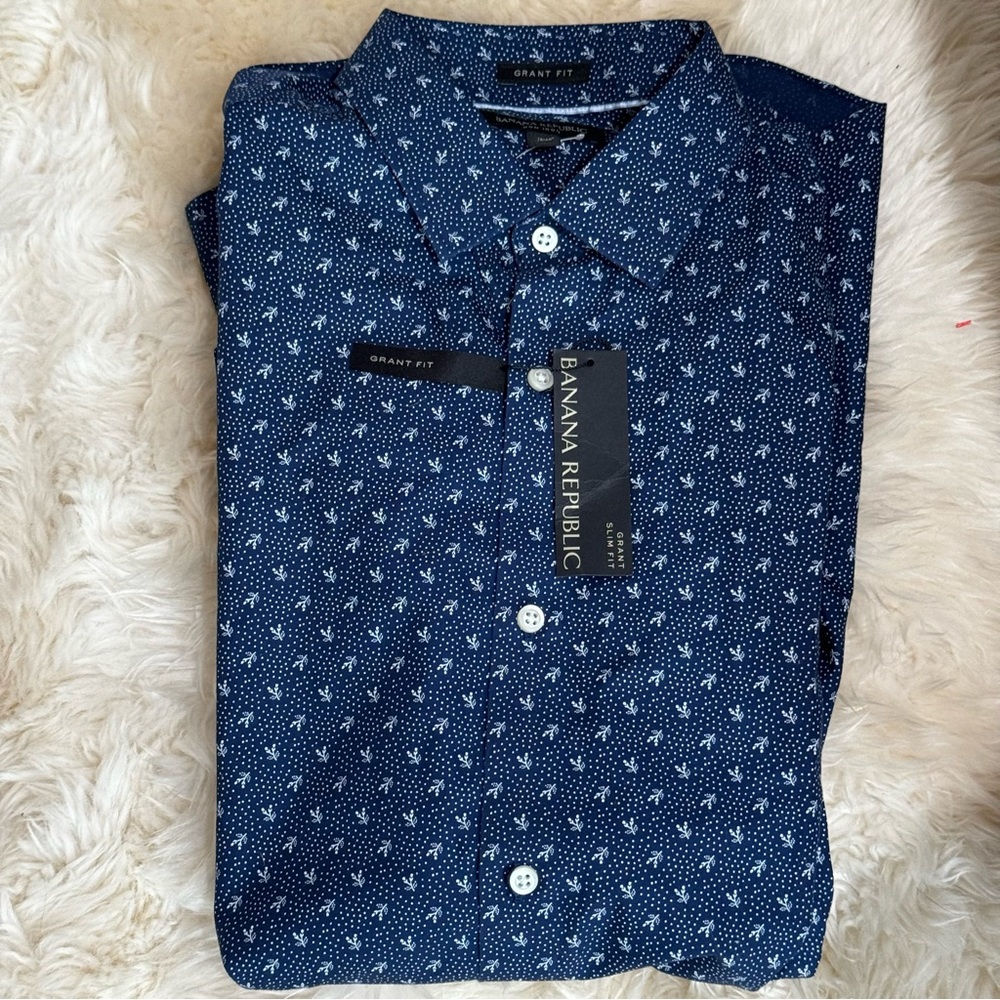 : Banana Republic Camden-Fit Navy Dot Floral 120s Supima Cotton Shirt Size LT